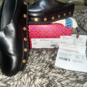 Black Leather Mules with Gold Studs